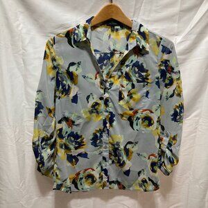 The Limited Size M Button Up Blouse Floral Blue Grey Yellow Long Sleeve Flowy